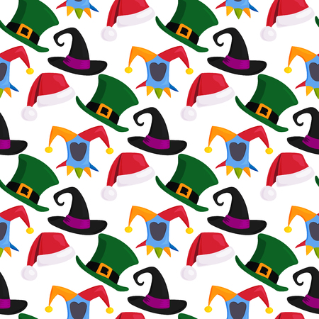 Hats of various type and colors seamless pattern background funny caps for party, holidays and masquerade. Traditional headwear icon cartoon clothes accessory.のイラスト素材
