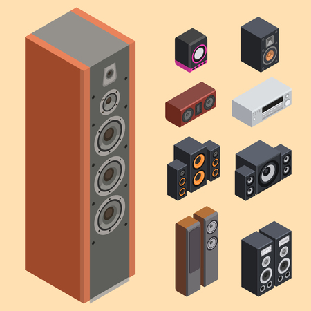Home isometric sound system stereo acoustic 3d vector music loudspeakers player subwoofer equipment technology.のイラスト素材