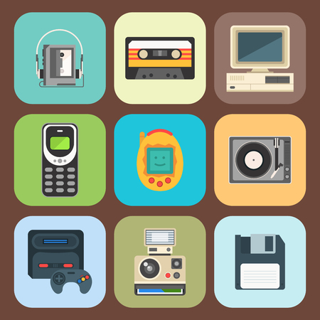 Vintage technologies vector retro audio multimedia entertainment old electronic gadget communication illustration.のイラスト素材