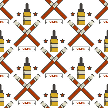 Vape device vector seamless pattern cigarette vaporizer vapor juice bottle flavor illustration battery coil.のイラスト素材