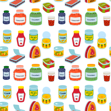 Collection of various tins canned goods food metal container product seamless pattern vector illustration.のイラスト素材