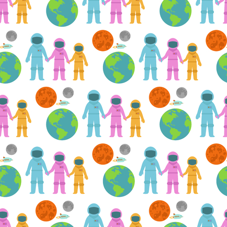 Astronaut space landing planets spaceship seamless pattern background future exploration space ship cosmonaut rocket shuttle vector illustrationのイラスト素材