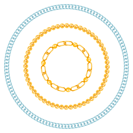 Chains link strength connection vector borders of metal linked parts frames and iron equipment protection strong sign shiny design background.のイラスト素材
