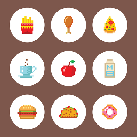 Pixel art food computer design icons vector illustration restaurant pixelated element fast food retro game web graphic.のイラスト素材