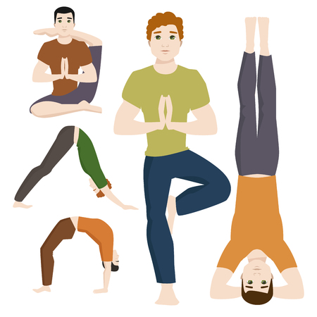 Yoga positions mans characters class meditation male concentration human peace lifestyle vector illustration.のイラスト素材