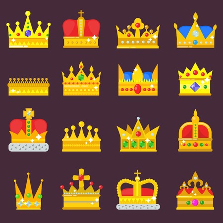 Crown vector set golden royal jewelry symbol of king queen princess crowning prince authority crown jeweles isolated illustrationのイラスト素材