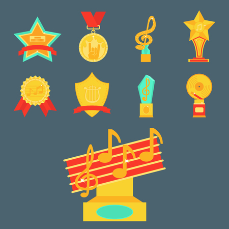 Music vector award statuette microphone and notes entertainment winner top artist achievement musicnote prize illustration.のイラスト素材