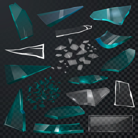 Broken glass sharp pieces vector 3d realistic shattered glassful and shatter or break mirror or glasses isolated on black transparent background illustration backdropのイラスト素材