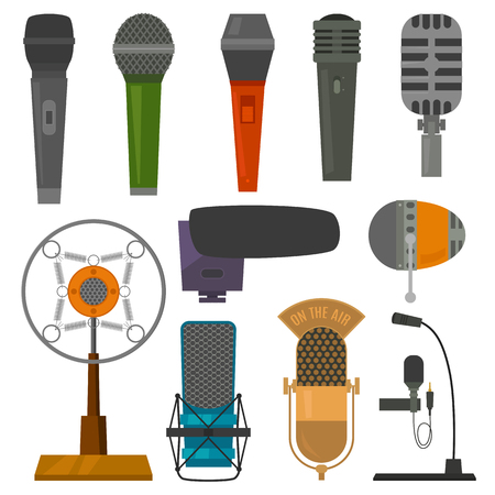Microphone audio vector dictaphone and microphones for podcast broadcast or music record broadcasting set illustration isolated on white background.のイラスト素材