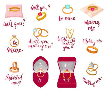 Wedding rings vector marriage proposal merry me text or wed lettering married me and textual calligraphy for bridal celebration invitation or card isolated on white background illustrationのイラスト素材