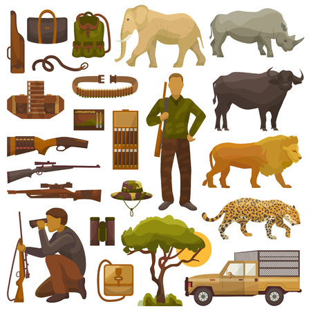 Hunt safari vector hunter man character in Africa with hunting ammunition or hunters equipment rifle shooting and African animals lion elephant wildlife set illustration isolated on white background.