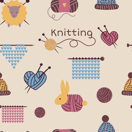 Knitting needles pattern seamless vector wool knitwear background or knitted woolen socks logo crocheting woolly materials backdrop and handknitting illustration wallpaper.のイラスト素材