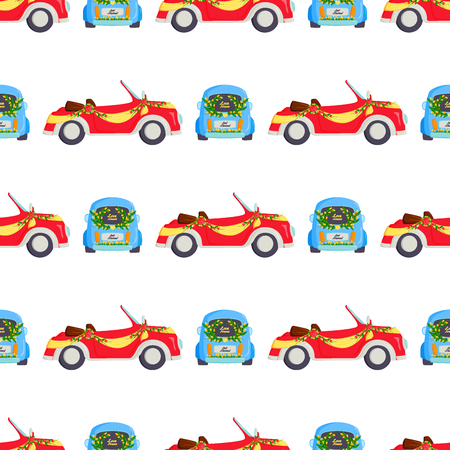 Wedding fashion transportation traditional auto seamless pattern background bride transport and romantic groom marriage beauty love automobile vector illustration.のイラスト素材