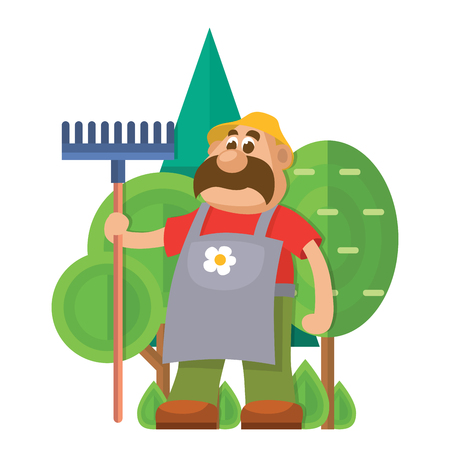 Garden equipment flat vector gardener character with rake illustration agriculture farming man with tools.のイラスト素材