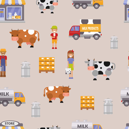 Vector illustration milk dairy farm seamless pattern background.のイラスト素材