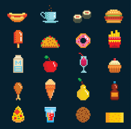 A Vector pixelart fast food icons sign computer game design symbol web graphic fastfood cuisine symbols illustration fast restaurant pixelated elements burger, hot dog, pizza and drinksのイラスト素材