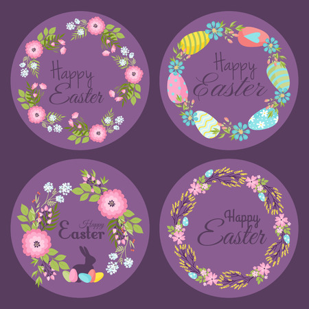 Happy easter hand drawn badge hand lettering greeting decoration natural wreath spring flower vector illustrationのイラスト素材