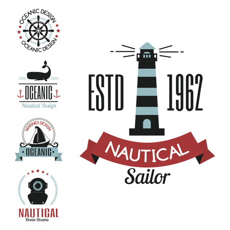 Sea marine vector nautical logo icons sailing themed label or with ship ribbons travel element graphic badges illustration.のイラスト素材