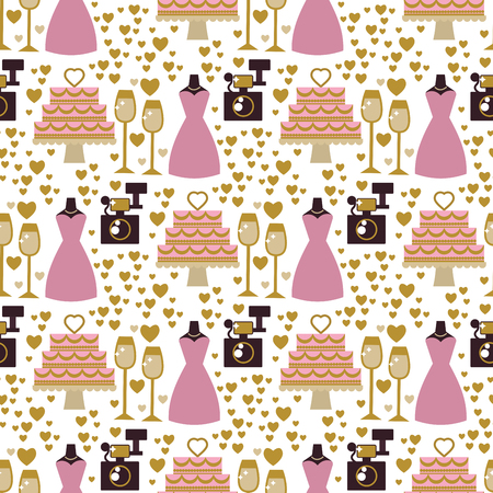 Wedding bride dress elegance accessories celebration bridal shower clothing seamless pattern background vector illustration.のイラスト素材