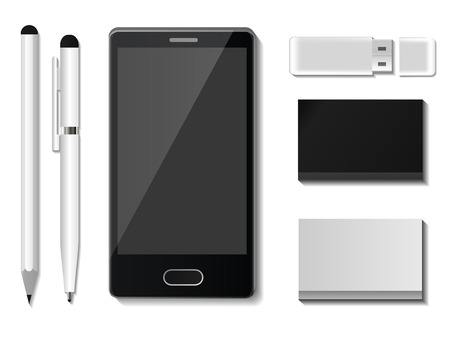 Corporate identity mock-up vector premium template set business office stationery realistic 3d mockup top view branding illustration. Card brand presentation blank.のイラスト素材