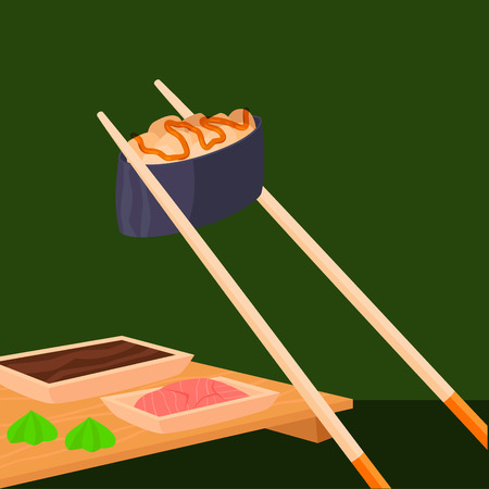 Sushi rolls vector food and japanese gourmet seafood traditional seaweed fresh raw snack illustrationのイラスト素材