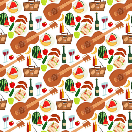 Summer picnic basket products wine seamless pattern background vector illustration in flat style.のイラスト素材