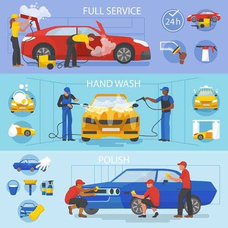 Car wash vector car-washing service with people cleaning auto or vehicle illustration.