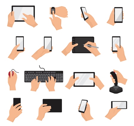 Hands with gadgets vector hand holding phone or tablet illustration set of character working on digital device with touchscreen smartphone or cellphone isolated on white backgroundのイラスト素材