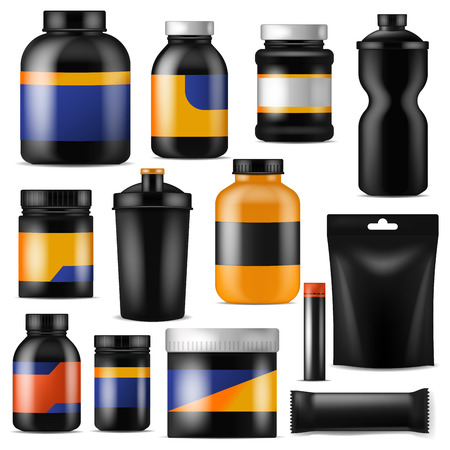 Bodybuilding nutrition vector branding fitness sport nutritional supplement with protein in branded bottle for bodybuilders illustration set isolated on white backgroundのイラスト素材