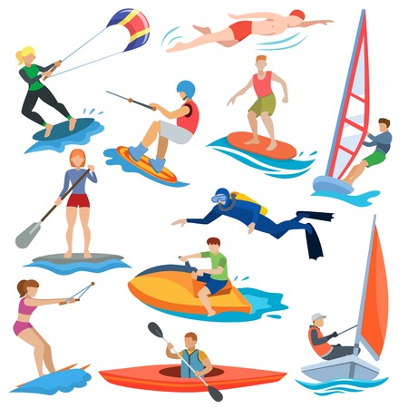 Water sport vector people in extreme activity or windsurfer and kite surfer illustrationのイラスト素材
