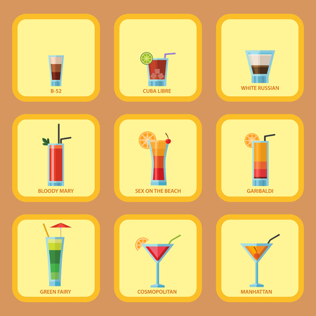 Set of alcoholic cocktails cards fruit cold drinks tropical cosmopolitan freshness party alcohol sweet tequila vector illustration.のイラスト素材