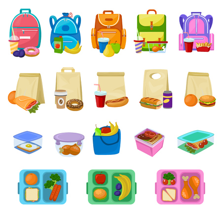Lunch box vector school lunchbox with healthy food fruits or vegetables boxed in kids container illustration set of packed meal sausages or bread isolated on white backgroundのイラスト素材