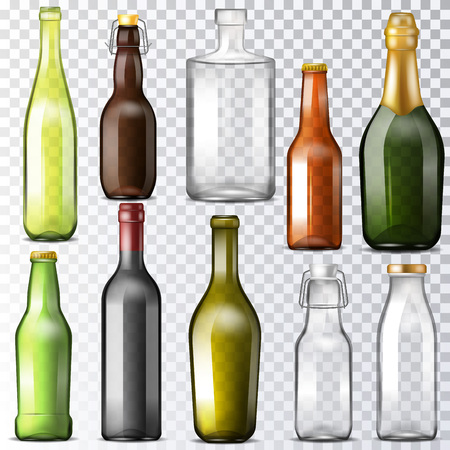 Bottle glass vector glassware of water-bottle and cupping-glass or glass-jar for drinks or beverages illustration set of wine or beer bottle-glass template isolated on transparent backgroundのイラスト素材