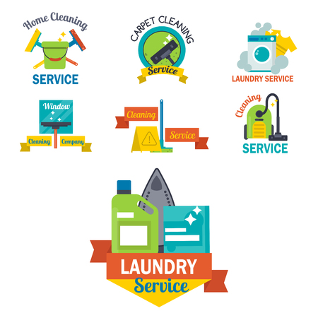 Cleaning service emblems labels design home household symbol work brush vector illustration.のイラスト素材