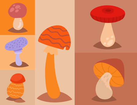 Mushrooms fungus agaric toadstool different art style design fungi vector illustration red hatのイラスト素材