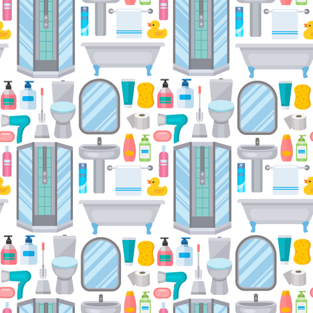 Bath equipment toilet bowl clean bathroom flat style illustration hygiene design seamless pattern background.のイラスト素材