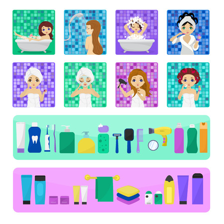 Woman bathing in bathroom vector beautiful girl character washing in bath illustration set of women with skincare cream or hygiene personal care isolated on white backgroundのイラスト素材
