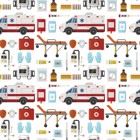 Ambulance vector medicine health emergency hospital urgent pharmacy pill support paramedic treatment seamless pattern background illustrationのイラスト素材