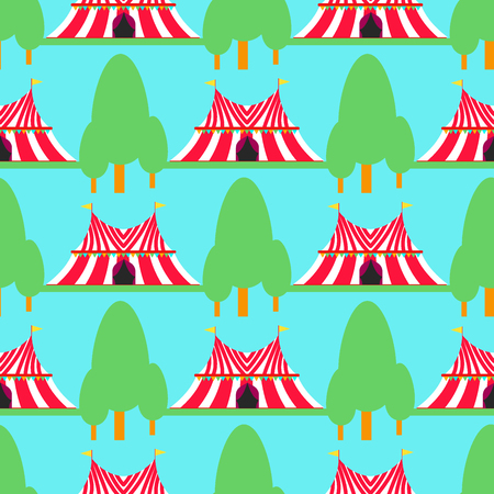 Circus show entertainment tent marquee outdoor festival with stripes flags carnival seamless pattern background vector illustration.のイラスト素材