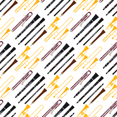 Wind musical instruments tools acoustic musician equipment orchestra seamless pattern background vector illustrationのイラスト素材