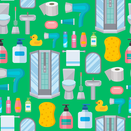 Bath equipment toilet bowl clean bathroom flat style illustration hygiene design seamless pattern background.のイラスト素材