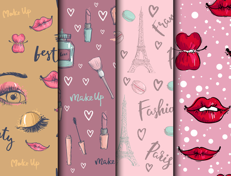 Fashion cosmetics accessories seamless pattern vector colors bright pink stylish fashioned vintage motive pastel illustration.のイラスト素材