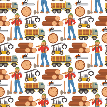 Sawmill woodcutter character logging equipment lumber machine industrial wood timber forest seamless pattern background vector illustration.のイラスト素材