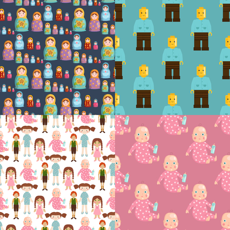 Dolls toy character game dress and farm scarecrow rag-doll seamless pattern background vector illustrationのイラスト素材