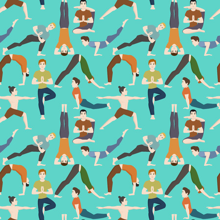 Yoga positions mans characters class meditation seamless pattern background male concentration human peace lifestyle vector illustration.のイラスト素材