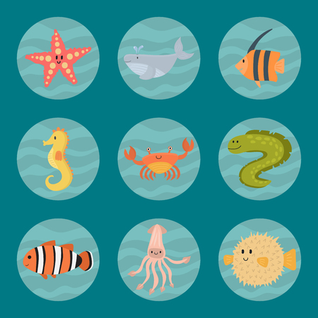 Sea animals vector creatures characters cartoon ocean wildlife marine underwater aquarium life water graphic aquatic tropical beasts illustration.のイラスト素材