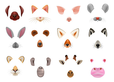 Animal mask vector animalistic masking face of wild characters bear wolf rabbit and cat or dog on masquerade illustration set of carnival masked costume monkey masquer isolated on white background.のイラスト素材