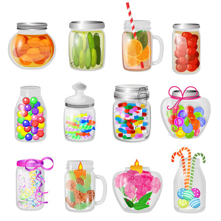 Glass jar vector jam or sweet jelly in mason glassware with lid or cover for canning and preserving illustration glassful set of cuppingglass with conservation isolated on white background.のイラスト素材