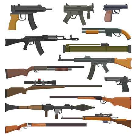 Gun vector military weapon or army handgun and war automatic firearm or rifle with bullet illustration set of shotgun or revolver isolated on white background.のイラスト素材