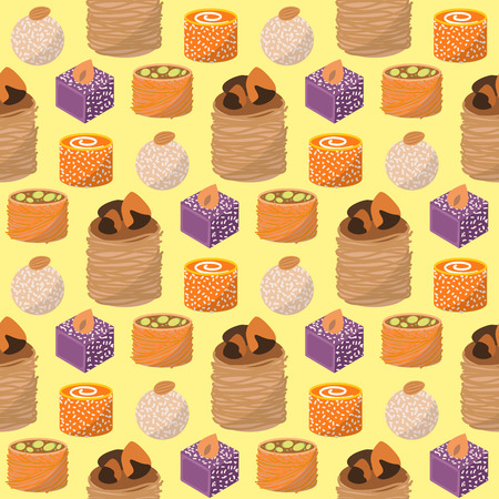 Sweets east delicious dessert food vector confectionery homemade assortment chocolate cake tasty bakery sweetness delights illustration seamless pattern backgroundの写真素材